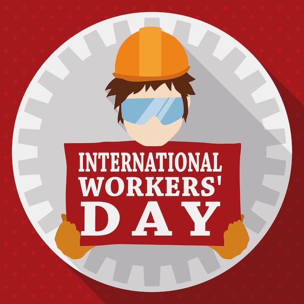 Workingman holding a sign for Workers Day celebration inside in a rounded button with long shadow