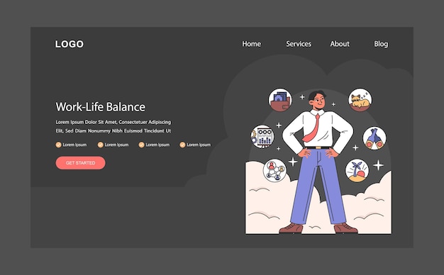 Vector worklife balance dark or night mode web landing career and personal life for holistic body and mind