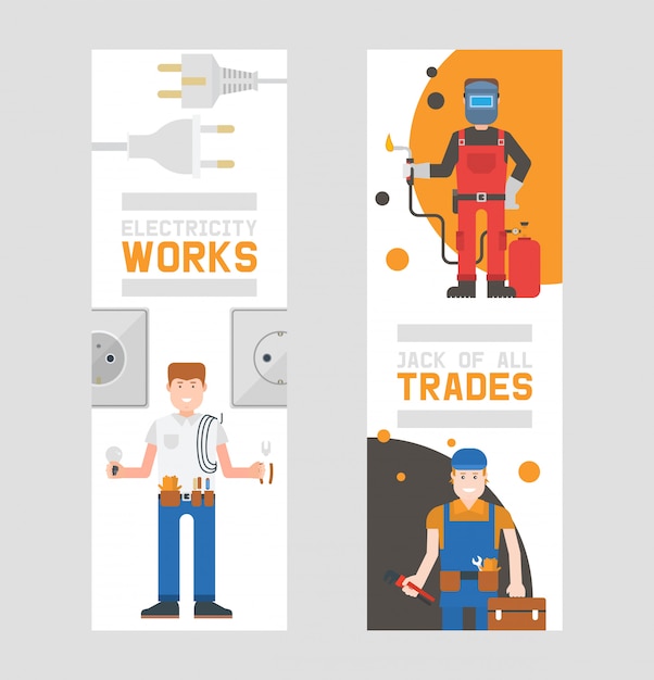 Workmen builders and engineers with tools or equipment set of vertical banners workers in hardhats and working uniform hold kit with supplies.