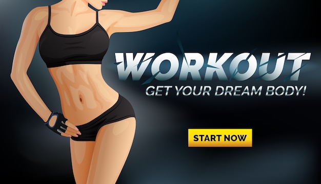 Workout banner with slim woman body in black underwear, sportswear top and shorts