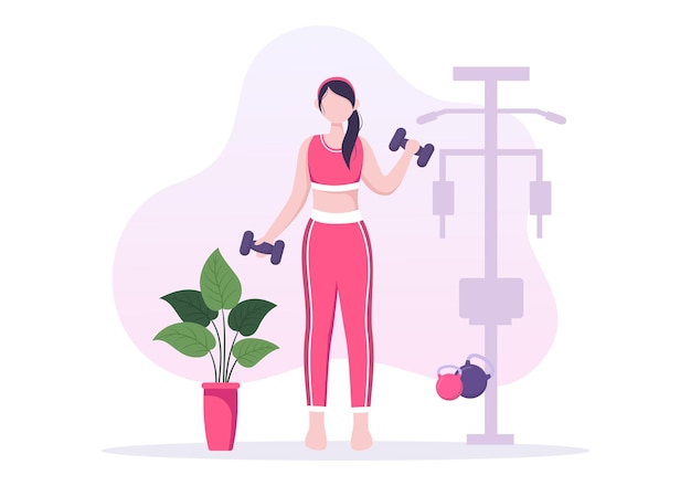 workout gym people exercising lifting dumbbells or fitness in flat poster background illustration