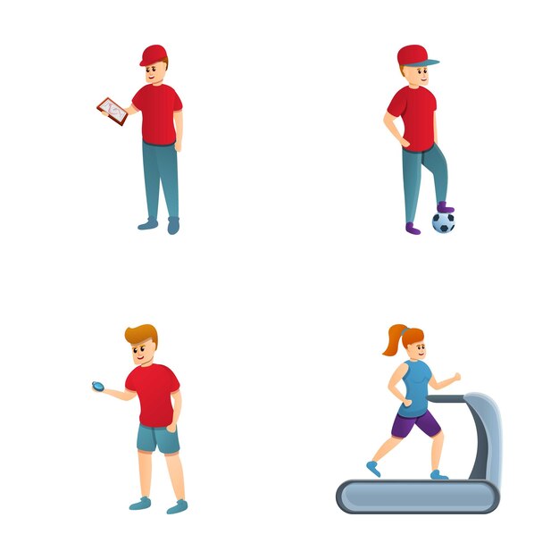 Workout icons set cartoon vector Man and woman playing sport with trainer Sport healthy lifestyle