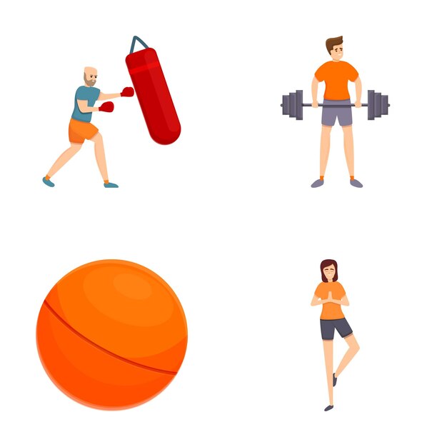 Workout icons set cartoon vector people doing sport or physical exercise