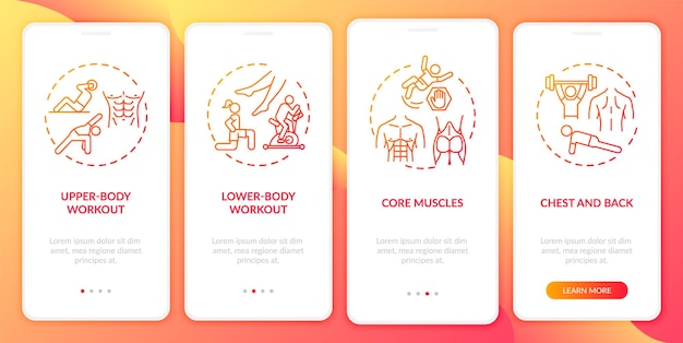 Workout kinds onboarding mobile app page screen with concepts. full-body workout, core muscles walkthrough 4 steps. ui  template illustrations