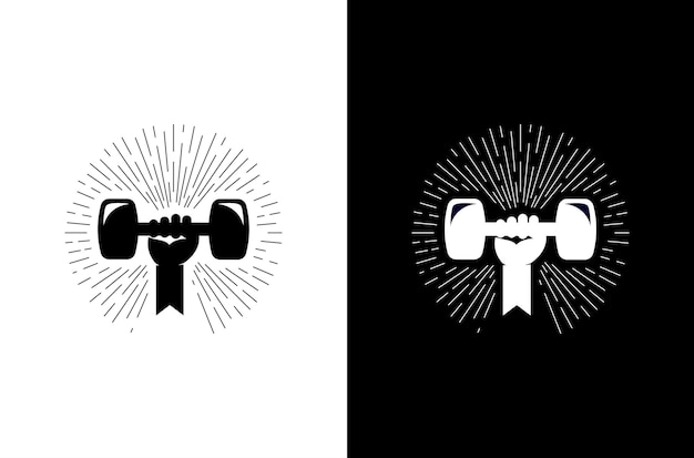 벡터 덤벨을 잡고 있는 운동 로고 디자인과 체육관의 반 ⁇ 이는 콘셉트