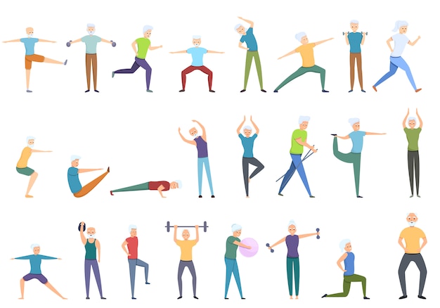 Workout seniors icons set, cartoon style