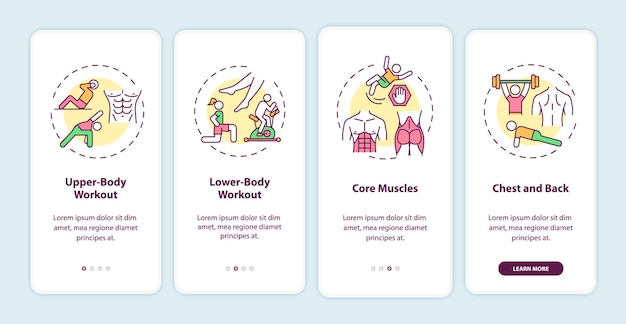 Workout types onboarding mobile app page screen with concepts. Upper-body, lower-body workout, core muscles walkthrough 4 steps  UI  template with RGB color illustrations