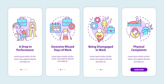 workplace anxiety reasons onboarding mobile app screen. mental disorder walkthrough 4 steps graphic instructions pages with linear concepts. ui, ux, gui template. myriad pro-bold, regular fonts used