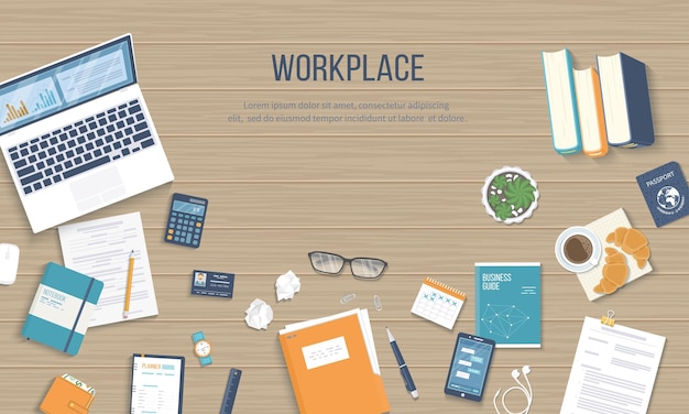 workplace background top view of a wooden table with laptop books documents vector illustration