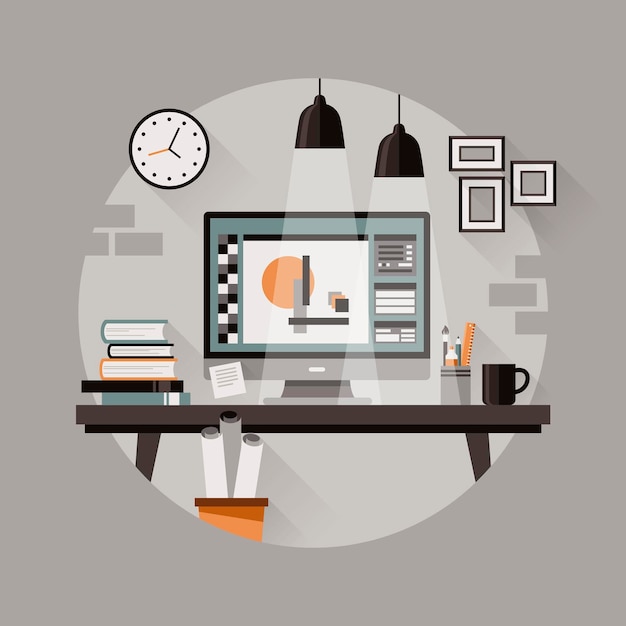 Vector workplace of designer in flat design