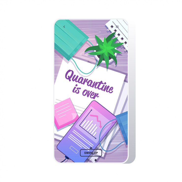 Vector workplace desk top angle view paper documents quarantine is over lettering text ending coronavirus pandemic