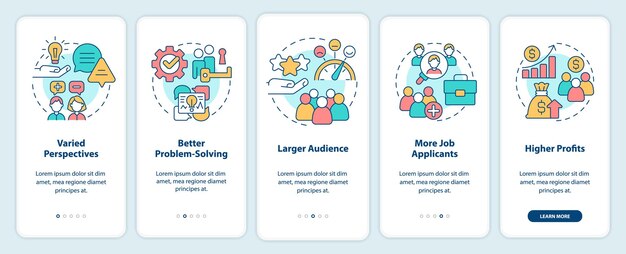 Workplace diversity advantages onboarding mobile app screen