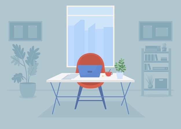 Workplace flat color vector illustration Top manager workspace Comfortable personal office Business center Modern furnished workroom 2D simple cartoon interior with window on background