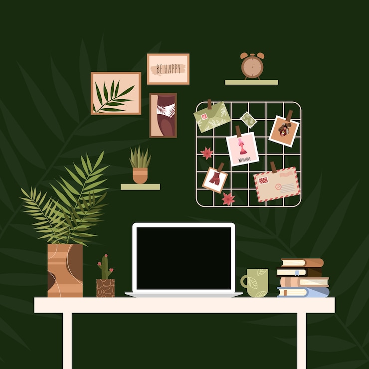 Vector workplace home. home office interior. working space at home table, laptop, paintings, photo board.