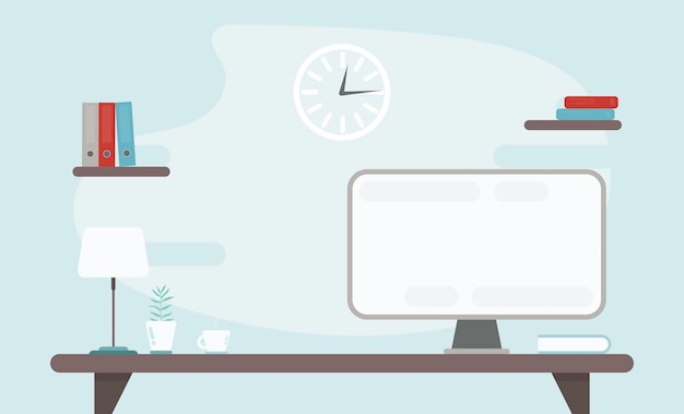 コンピューター、机、ドキュメントと職場のイラスト。テンプレートバナー。ベクトルホームオフィスとフリーランサーの職場の概念。