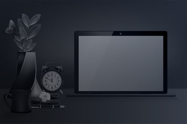 Вектор Рабочее место в современном красивом домашнем офисе, ноутбук с голубой пустой пустой экран, дизайн интерьера. вектор и иллюстрации.