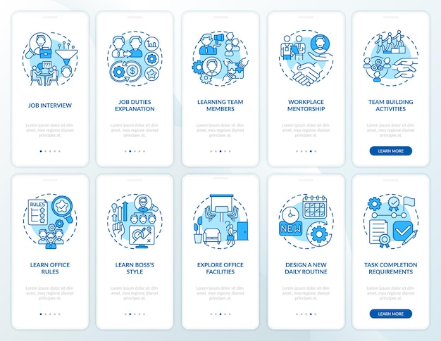 Workplace of mentorship onboarding mobile app page screen with concepts set. learning team members walkthrough ten steps  ui  template with rgb color illustrations