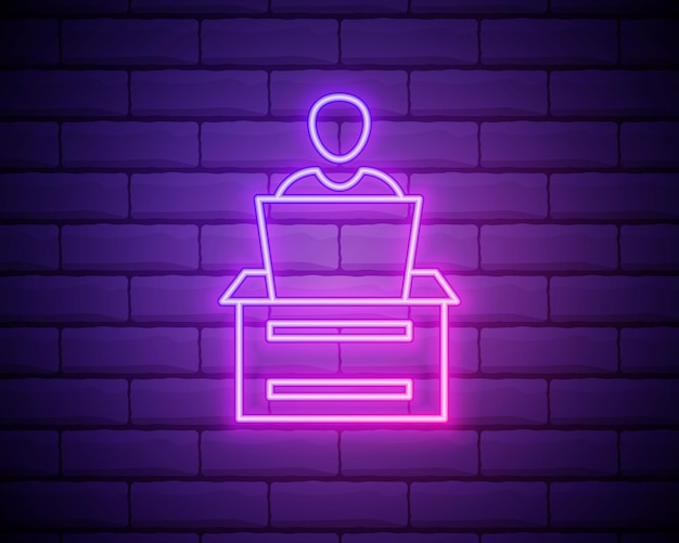 Workplace neon light icon work space office worker freelance job person working with laptop glowing sign vector isolated illustration isolated on brick wall