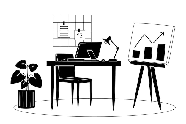 Рабочее место в офисе черно-белая иллюстрация