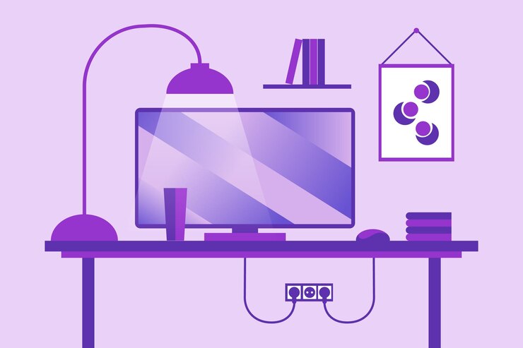 Vector workplace in the office computer monitor lamp computer mouse glass on the table illustration