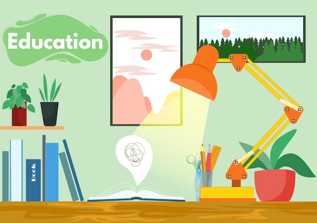 Vector workplace open book cozy paintings and plants on green background study and books education time