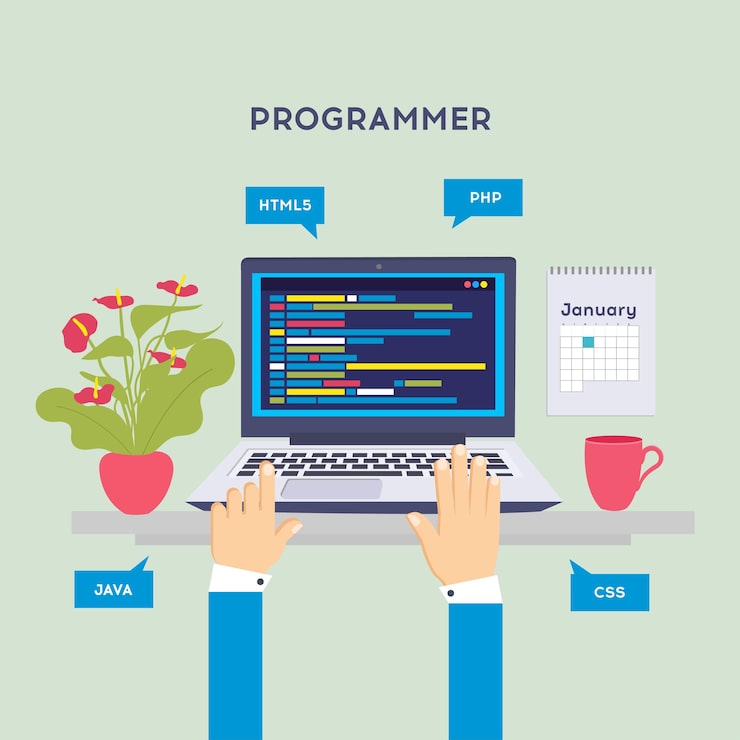 Vector workplace of programmer or coder vector illustration programmer coding a new project using computer web development website screens program code engineering