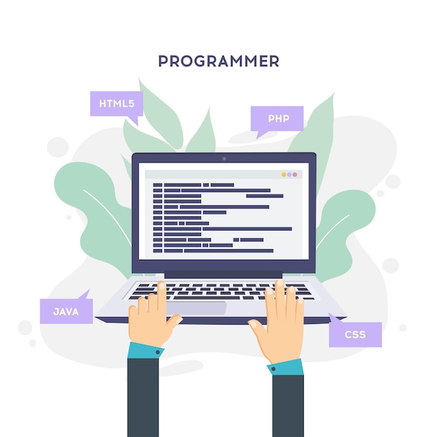 Workplace of programmer or coder Vector illustration programmer coding a new project using computer Web Development website screens program code engineering