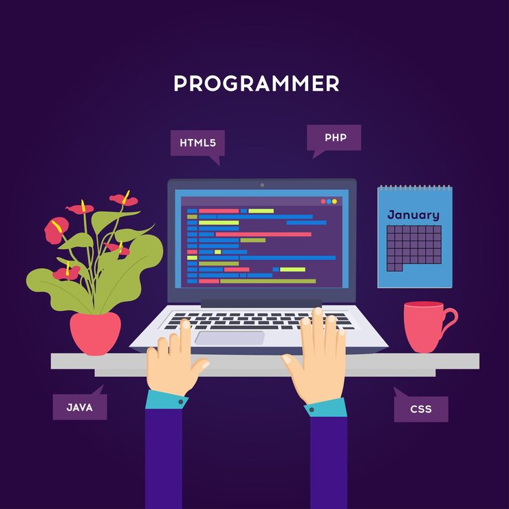 Vector workplace of programmer or coder vector illustration programmer coding a new project using computer web development website screens program code engineering
