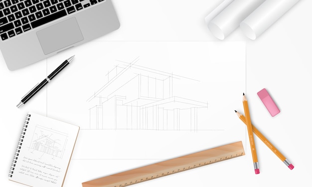 Vettore posto di lavoro - progetto di costruzione realistico architetto piano casa con strumenti, laptop e notebook. sfondo di costruzione. illustrazione