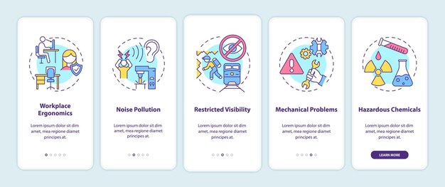 Workplace safety concerns onboarding mobile app page screen with concepts