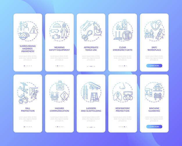 Workplace safety onboarding mobile app page screen with concepts set