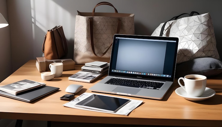 Vector workplace scene with a laptop tablet coffee and various other items on a wooden desk