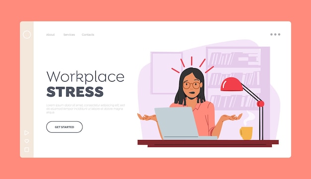 Vector workplace stress landing page template. overloaded confused business woman sit at laptop in office. deadline, multitask