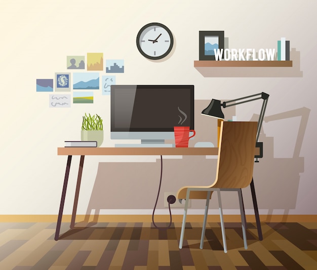 Vector workplace in sunny room.