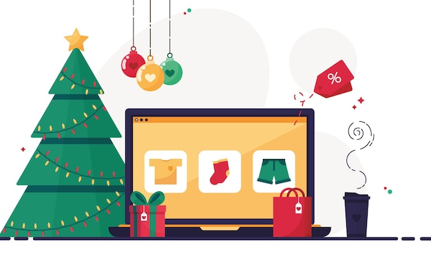 Vector workplace with christmas decorations and computer laptop to order gifts for the holidays