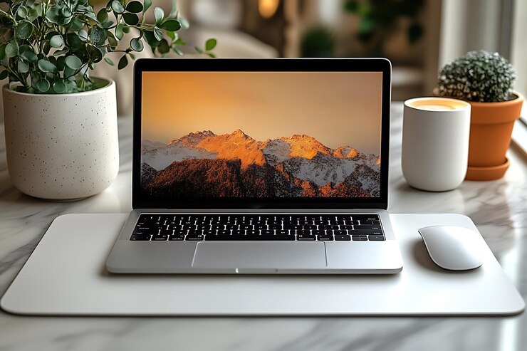Vector workplace with computer cup of tea and plant on black wooden table
