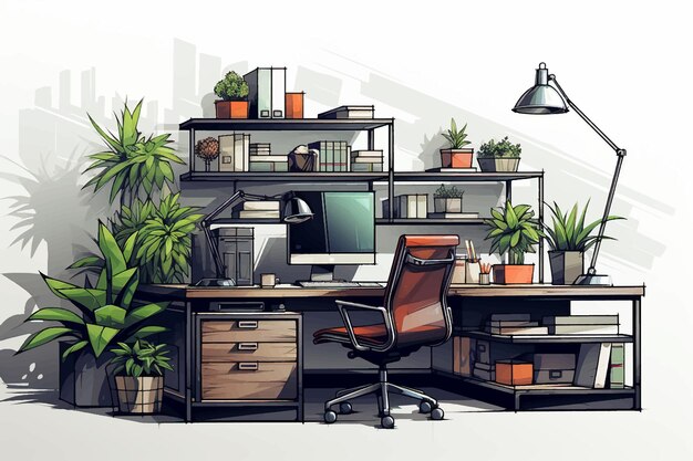 A workplace with computer hand drown style illustration working or gaming at home concept