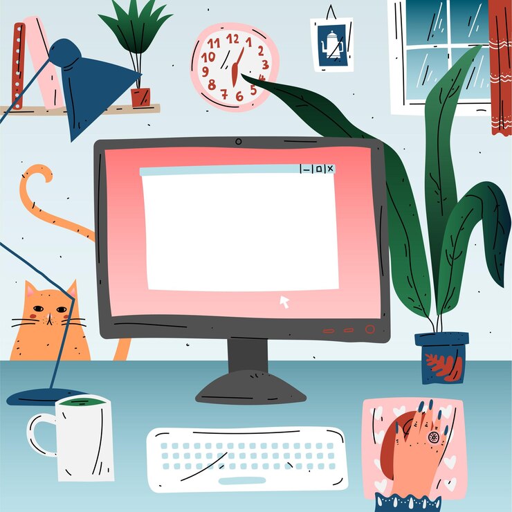 Vector workplace with computer at home office workspace