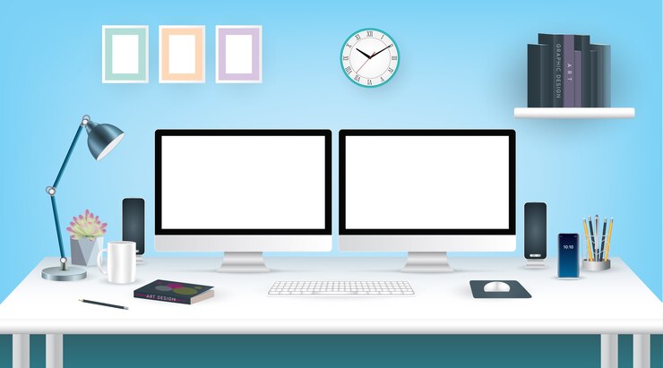 Vector workplace with computer illustration