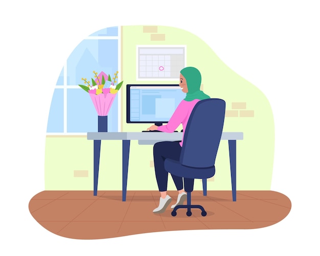 Vector workplace with gifted bouquet 2d vector isolated illustration