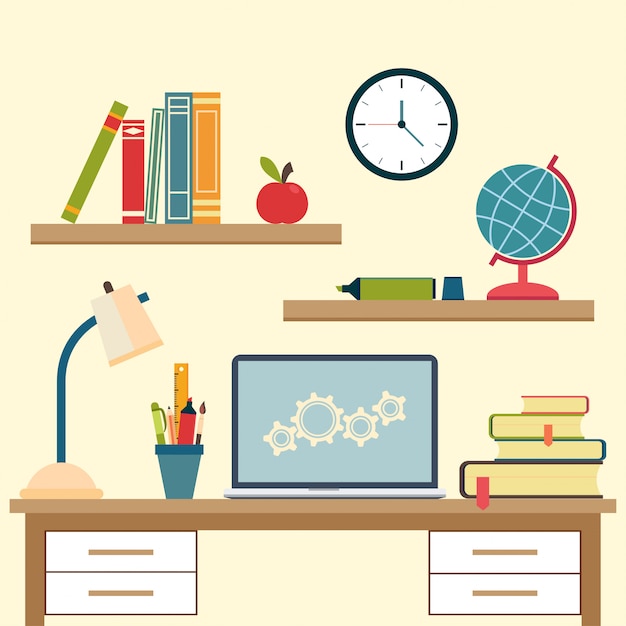 Vector workplace with high school objects