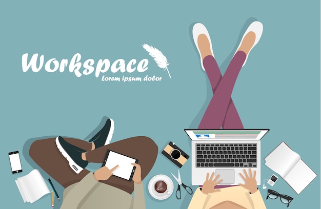 Vector workplace with laptop, phone and book