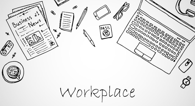 Workplace with laptop, smartphone, newspapers and articles, cup of coffee, notebook, pen with pencil, headphones. hand drawn doodle illustration.