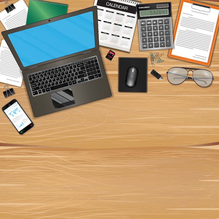 Vector workplace with object and tools on wood table