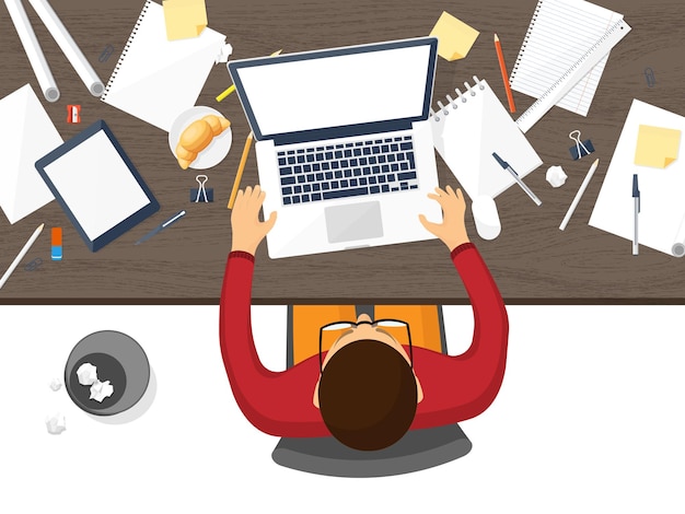 workplace with table and computer laptop documents papers notepad pencil paperwork office work job