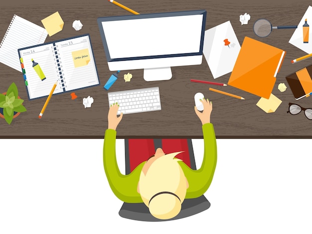 Workplace with table and computer laptop documents papers notepad pencil paperwork office work job