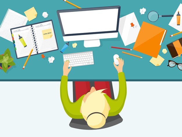 Workplace with table and computer laptop documents papers notepad pencil paperwork office work job