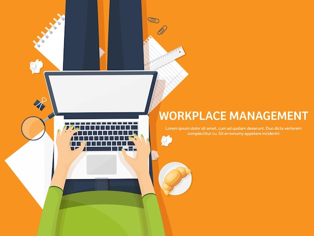 Workplace with table and computer laptop documents papers notepad pencil paperwork office work job