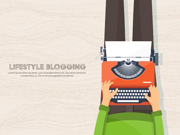 Luogo di lavoro con macchina da scrivere a disegno piatto scrivere un blog blogging tecnica di narrazione copywriting