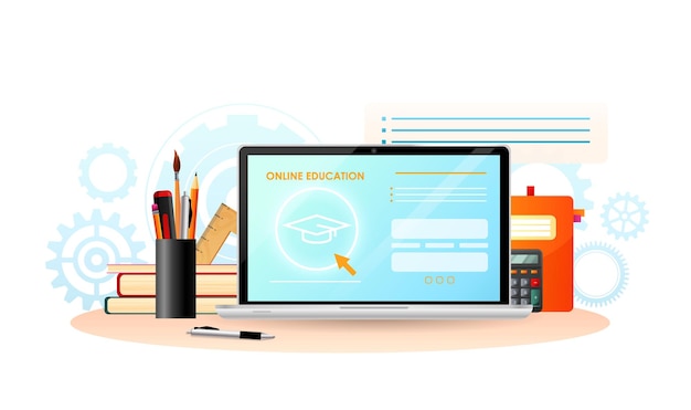 Workplace with writing implements stack of books calculator and ruler open laptop with blue screen on website with blue background and orange text big gears on white backdrop vector illustration